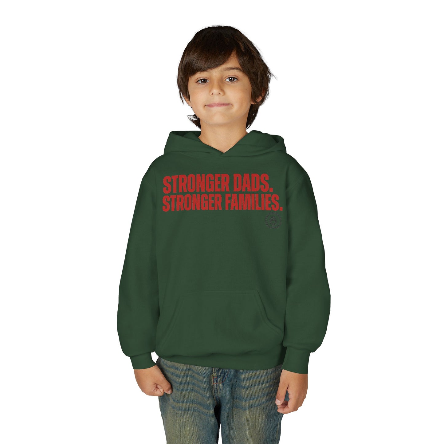 Youth Hoodie — "Stronger Dads, Stronger Families." Motivational Kids Pullover