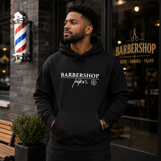 Barbershop Talk Logo White Adult Hoodie