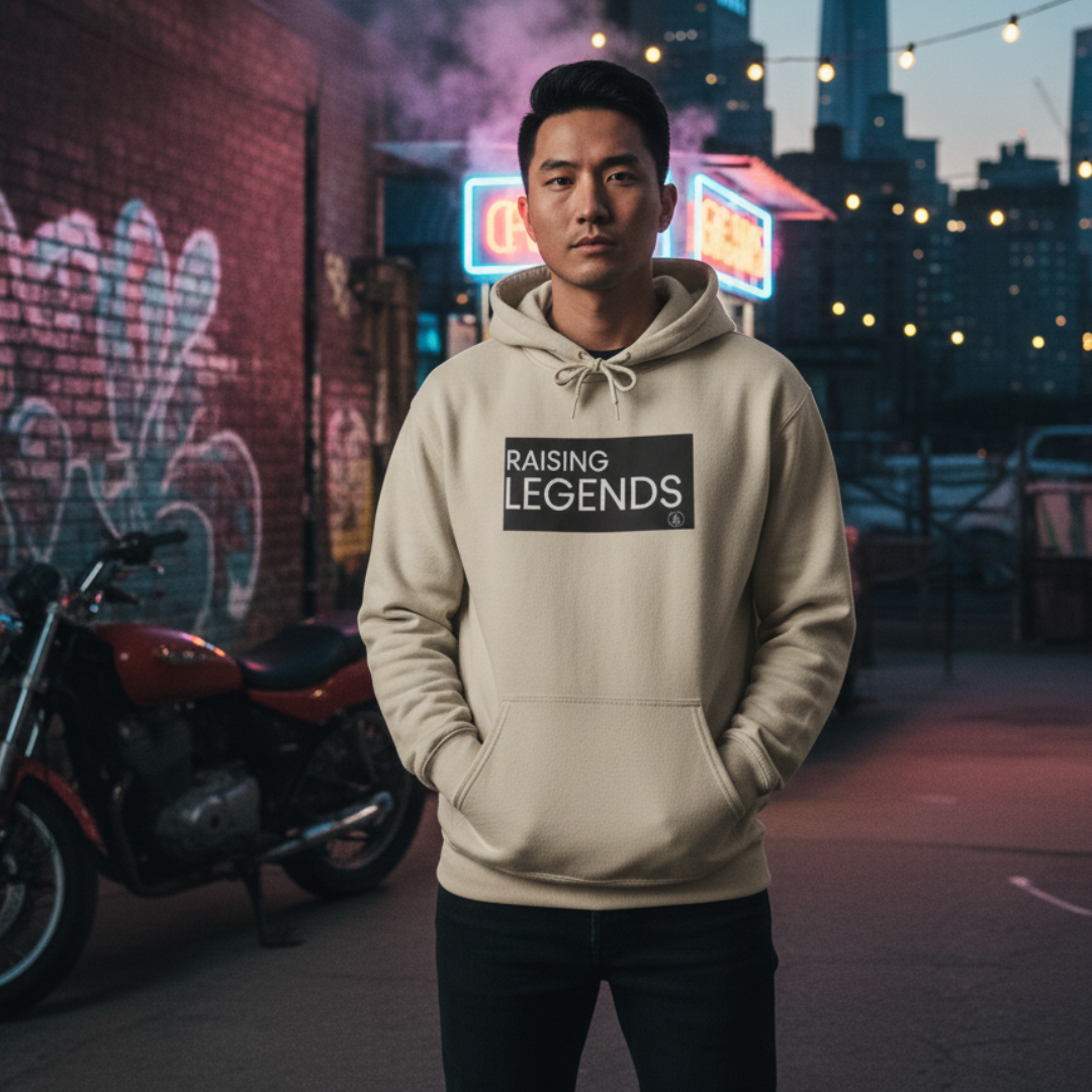 Raising Legends Hoodie - Bold Black Box Text Sweatshirt for Parents & Mentors