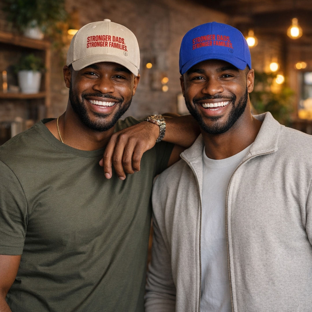 Stronger Dads, Stronger Families Baseball Cap — Embroidered Red Text Dad Hat