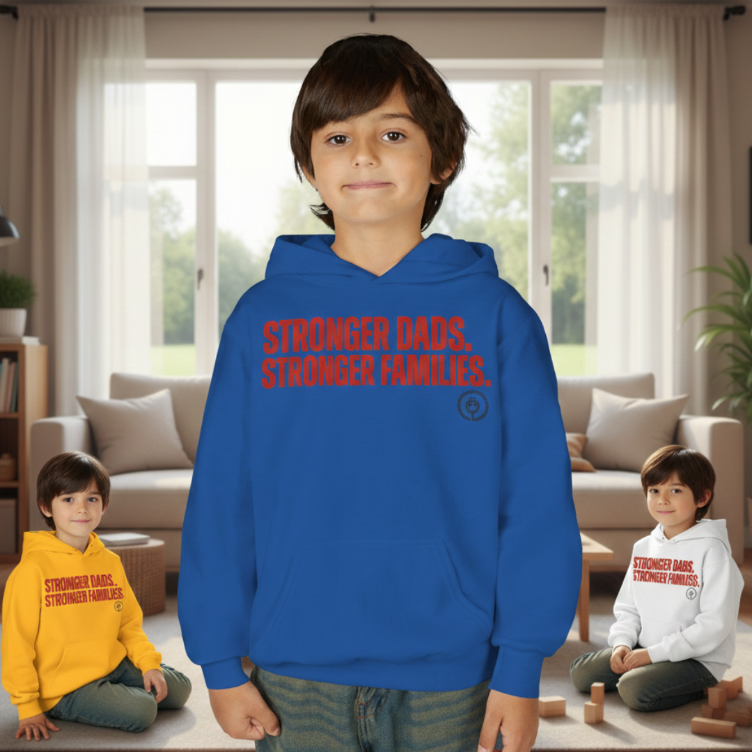 Youth Hoodie — "Stronger Dads, Stronger Families." Motivational Kids Pullover
