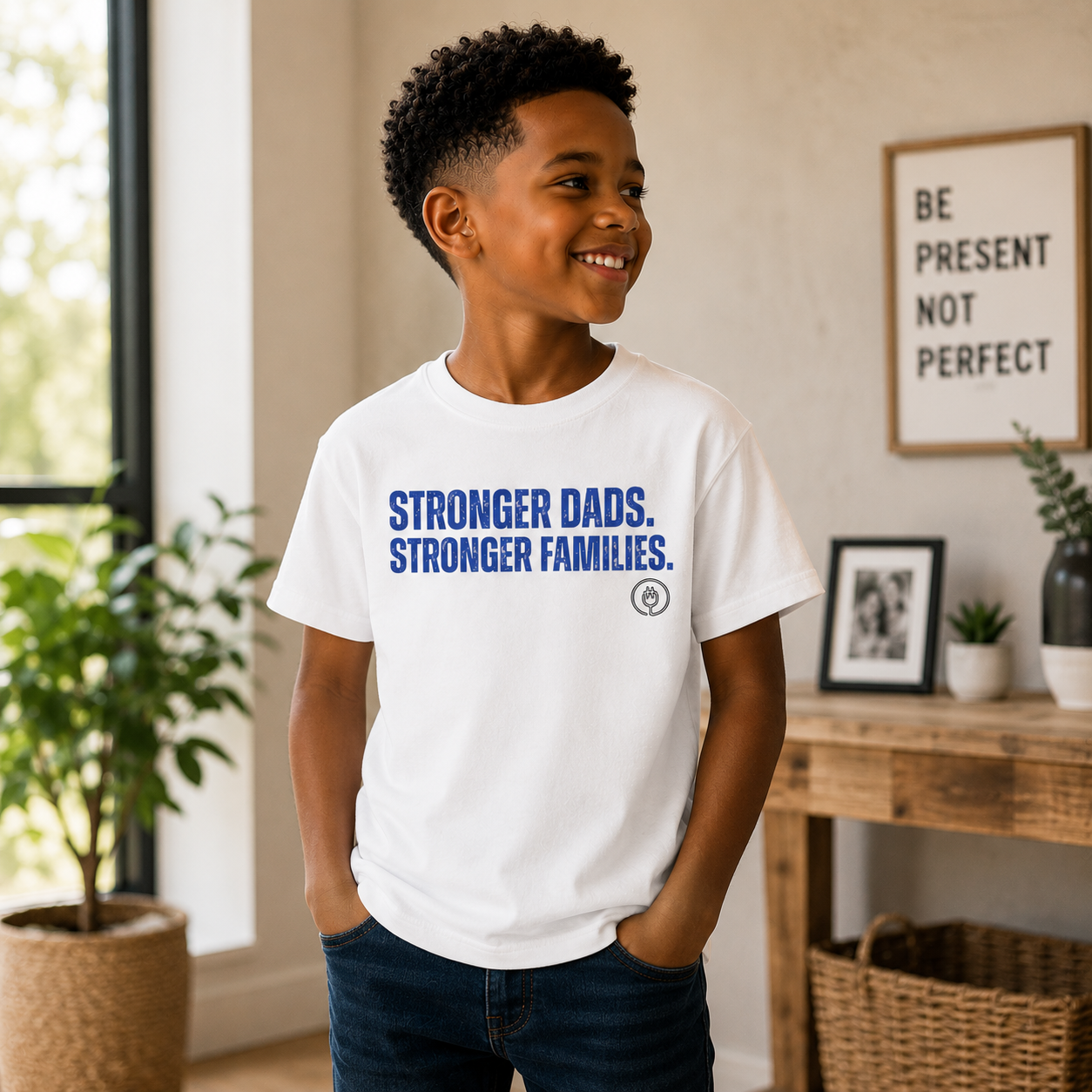 Stronger Dads. Stronger Families. Blue Letters Youth Tee